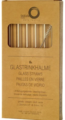 6 Glas-Trinkhalme & Bürste | Stölzle Lausitz | Klar - 20 cm